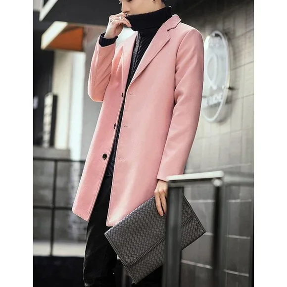 Men's Pink Wool Blend Pea Coat Warm Winter Trench Coat